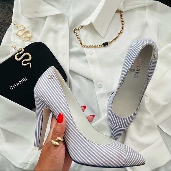Chanel coastal nautical stripe pointy heels size 38.5 - Picture 10 of 14